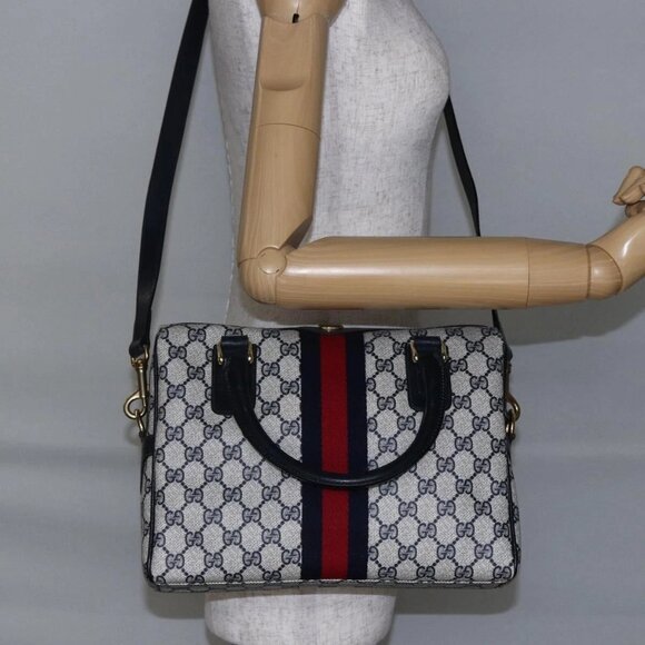 GUCCI GG Supreme Sherry Line Shoulder Bag PVC 2way Navy Gold 010 378 Auth 145988 - Picture 1 of 16
